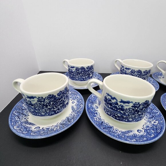 Vtg Churchill Currier and Ives Harvest Heritage Mint Cups & Saucer Set of 6 - Picture 2 of 10